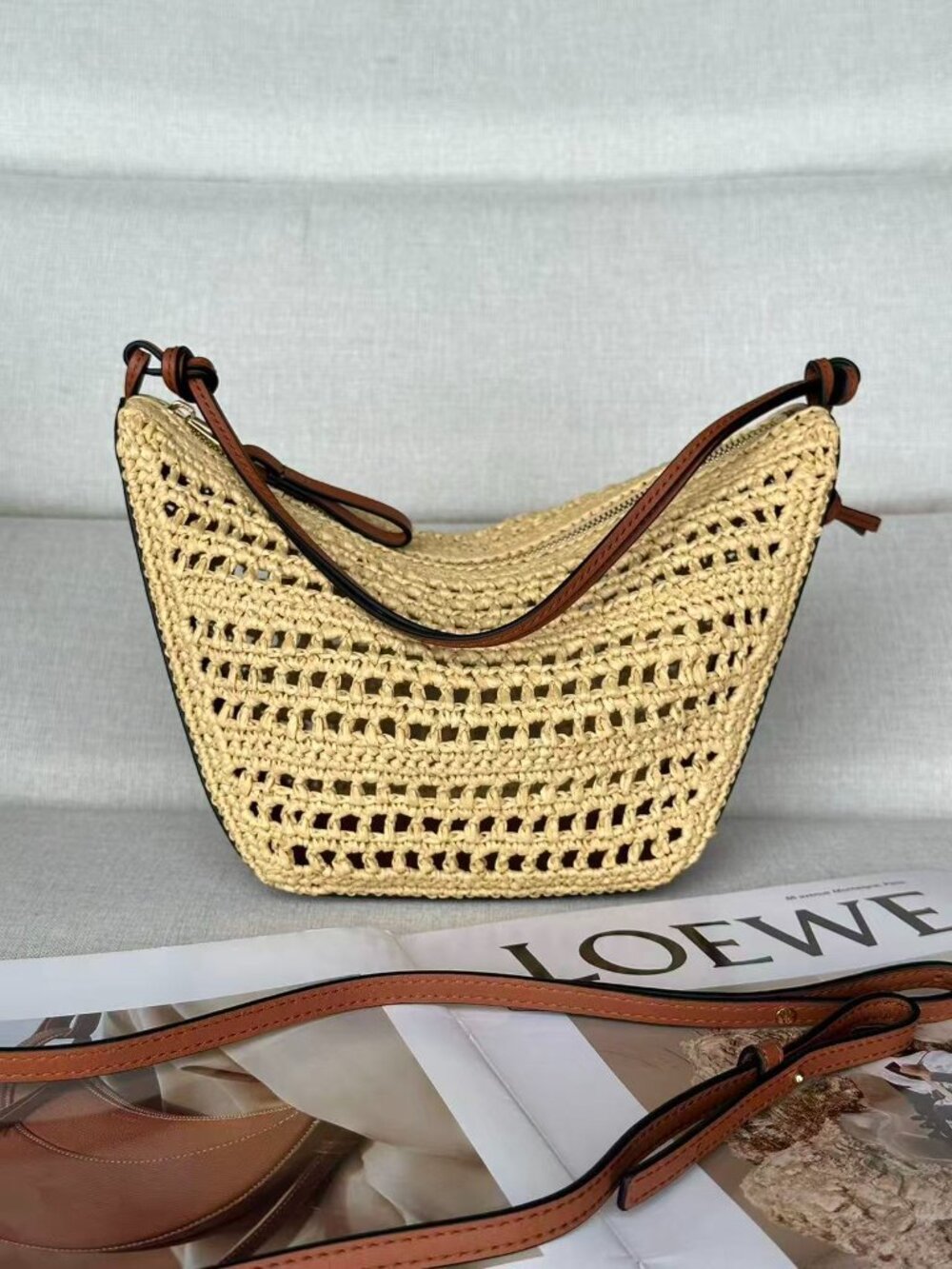 Loewe Cream Raffia Crossbody with TanLeather Trim